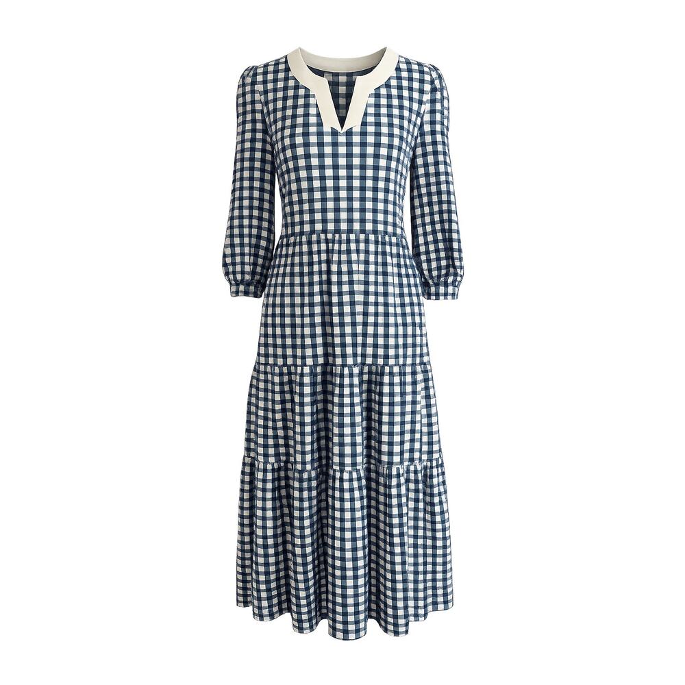 Sailor-Sailor Blue White Gingham Tiered Dress Size Puff Sleeve Coastal Preppy SM